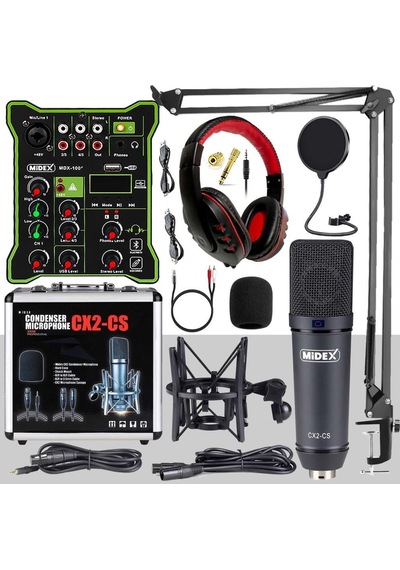 Midex Cx2 Functional Paket-5 Stüdyo Mikrofon Ses Kartlı Mikser Kulaklık Stand