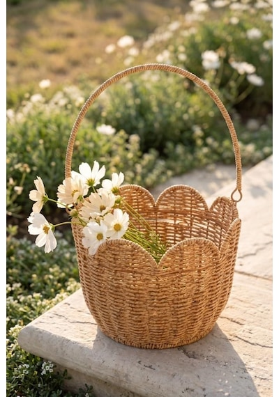 Rattan Hasır Dekoratif Kulplu Organizer Sepet - M-1687