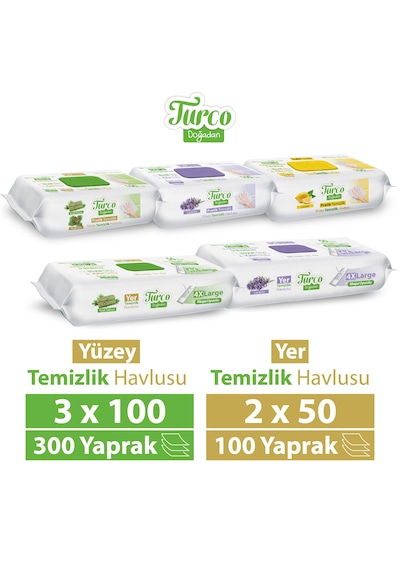 Turco Doğadan Pratik Yüzey Temizlik Havlusu 3x100 & Yer Temizlik Havlusu 2X50 Karma Paket