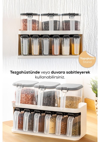 Vienev 9'lu Beyaz Standlı Kaşıklı Etiketli Kendinden Yapışkanlı Baharatlık Seti Beyaz Beyaz