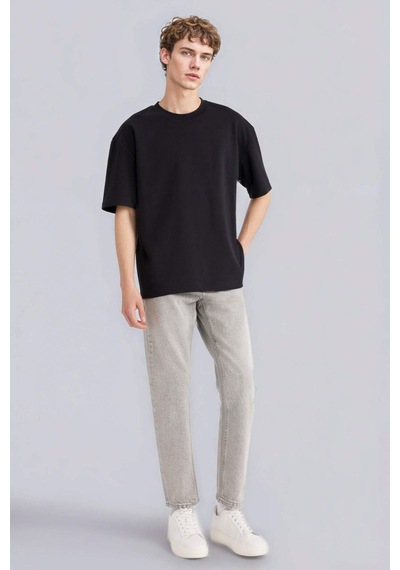 Defacto Oversize Geniş Kalıp Bisiklet Yaka Kısa Kollu Basic Düz Ağır Kumaş Tişört X3926az26spbk81 Siyah-bk81