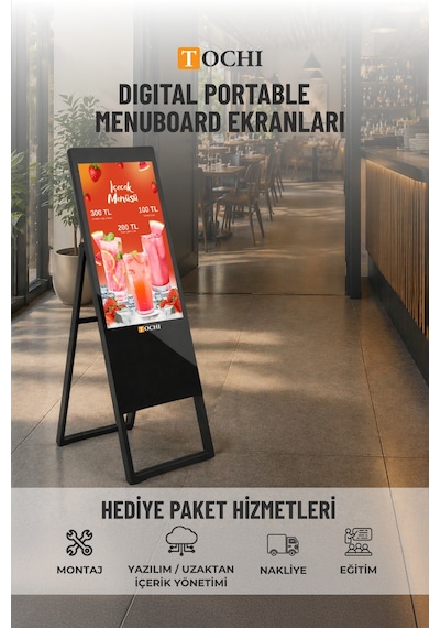 Taşınabilir Digital Menü Board Ekran 32 Yüksek Parlaklık Full HD Portatif Reklam & Ekranı