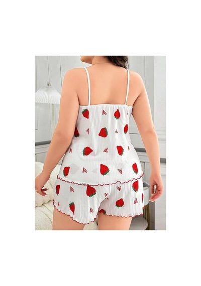 Lily Bianca Nightwear Çilek Desenli Askılı Ve Şortlu Büyük Beden Penye Gecelik Beyaz