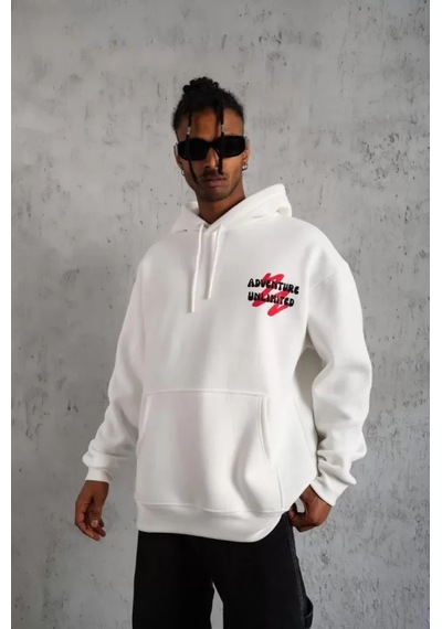 Veraura Lifestyle Erkek Şapkalı Güvercin Baskılı Kapşonlu Sweat - Beyaz S