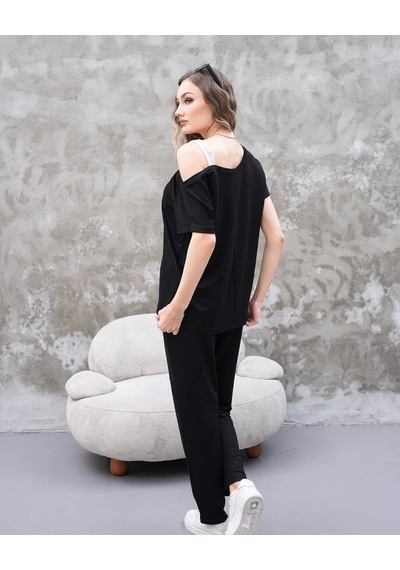 Defymoda Kadın Kayık Yaka Baskı Detay Salaş Bluz Ve Yüksek Bel Pantolon Ikili Takım Siyah