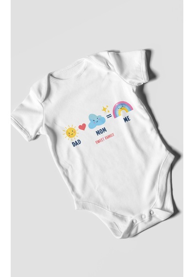 Morivokids Dad Mom Me Sweet Family Kısa Kollu Bebek Body %100 Pamuk Beyaz
