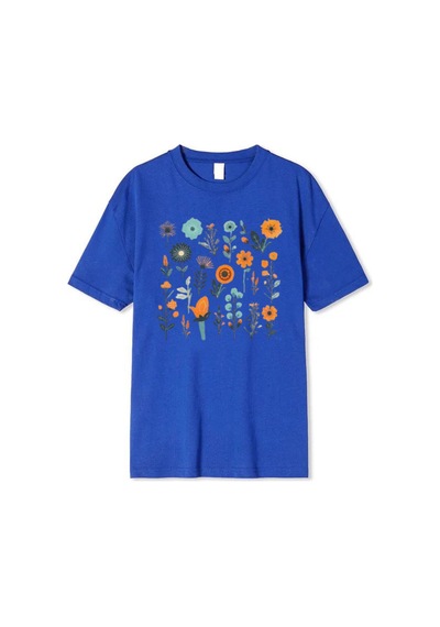 Medinenur Çiçek Baskılı Unisex Tshirt Mavi