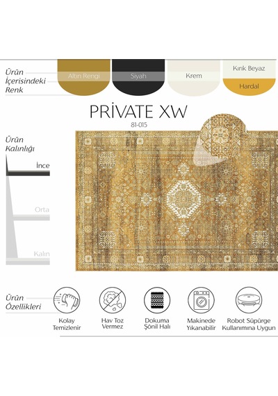 Cool Halı Private Xw Gold Krem Vintage Dijital Baskılı Yıkanan Kaymaz Şönil Şık Saray Salon Halısı