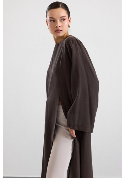 Olcay Derin Yırtmaçlı Oversize Uzun Tunik Kahve 9838