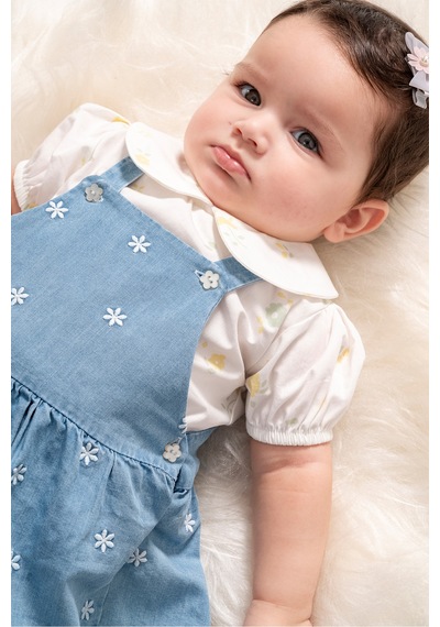 Cassiope Fisto Yakalı Kısa Kollu Bluz Kombinli Çiçek Nakışlı Askılı Denim 2'li Kız Bebek Elbise Mavi