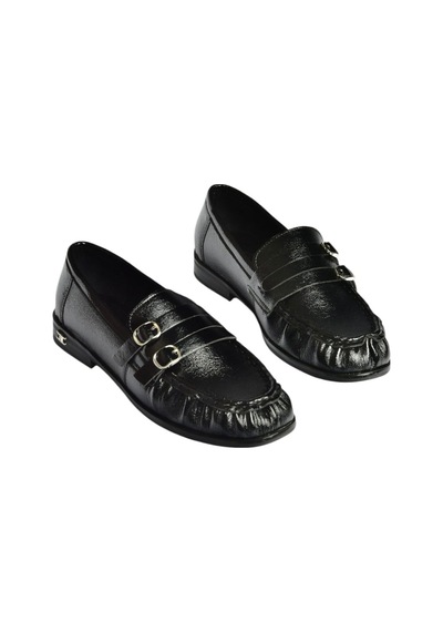Fox Shoes Z820024208 Siyah Rugan Büzgü Detaylı Çift Tokalı Loafer Ayakkabı