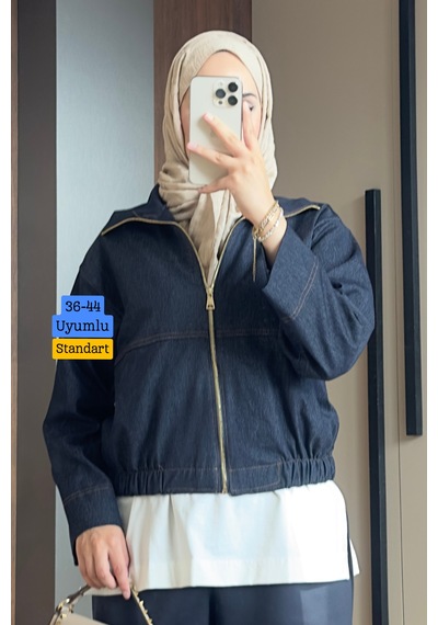 Balenbi Kadın Fermuarlı Günlük Basic Kot Ceket 372 Lacivert