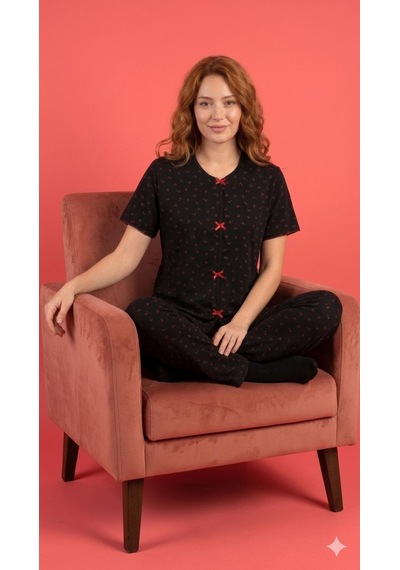 Sleeproom Yazlık Siyah Kiraz Desenli Kısa Kol Penye %100 Pamuk Pijama Takım