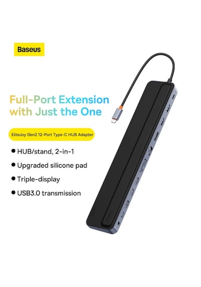 Baseus Elitejoy Gen2 12-in-1 Usb-c Hub Docking Station, 4k 60hz Triple Display Adaptör, 100w Pd Şarj, Gigabit Ethernet, Sd/tf Kart Okuyucu - Laptop İçin