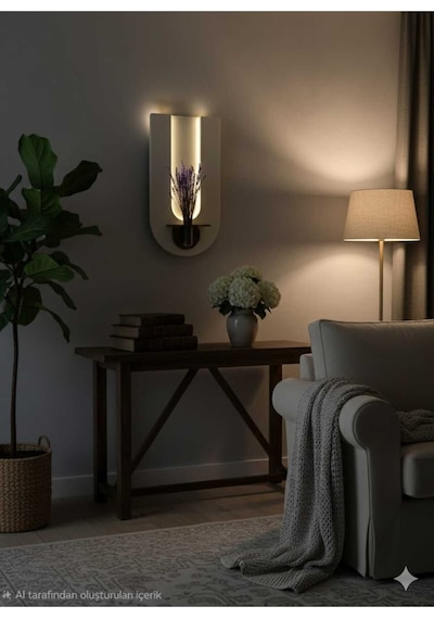 Begonvil Ahşap Pilli Ledli İskandinav Salon Duvar Rafı Şık Modern Çiçeklik 40 X 75 Cm Paris Grisi - Ahşap Ceviz