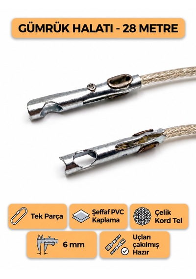 Tır Dorse Kamyon Konteyner Gümrük Halatı Galvanizli Çelik Tel 28 Metre 6mm