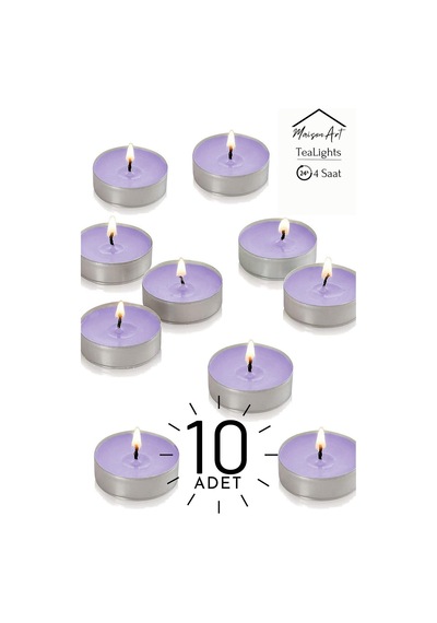 10 Adet Lavanta Kokulu Tealight Mum 4 Saat Yanar Dekoratif Mumluk Mumu