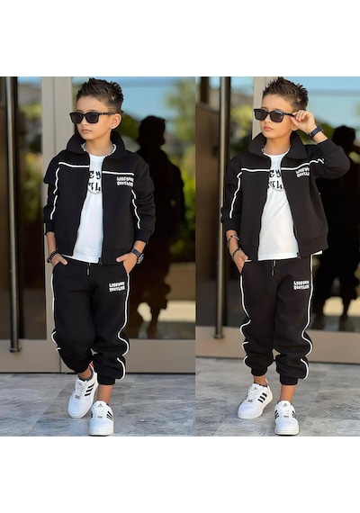 Erkek Çocuk 3 Parça Şardonlu 3 İplik Eşofman Takımı Fermuarlı Ceket, Tişört Ve Jogger Pantolon 43182-s Siyah Erkek Çocuk 3 Parça Şardonlu 3 İplik Eşofman Takımı Fermuarlı Ceket, Tişört Ve Jogger Pantolon 43182-s Siyah