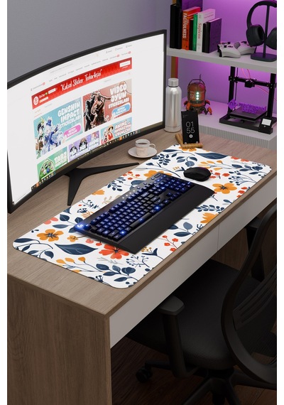 Çiçek Desenleri Kaymaz Dikişli Kauçuk Oyuncu Mousepad V4 - 90x40 Xxl Gaming Mouse Pad Fare Altlığı
