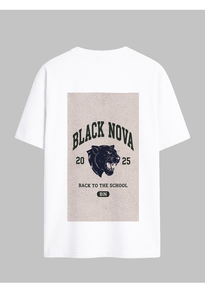 Black Nova Oversize Baskılı Unisex Tişört Panther Club Beyaz