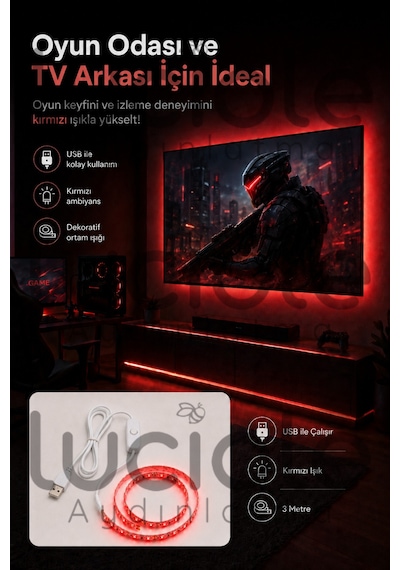 3 Metre 5v Usb Kırmızı Şerit Led Aç Kapa Anahtarlı Gaming Tv Masa Raf Araç Dekoratif Led