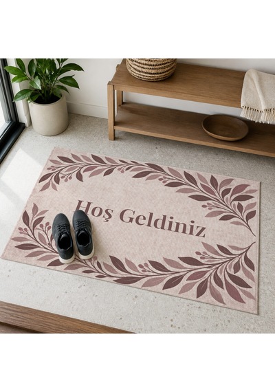 Kartela Halı Hoş Geldiniz Yazılı Yaprak Desenli Kapı Paspası Gül Kurusu Kaymaz Kauçuk Taban 50x75 Cm