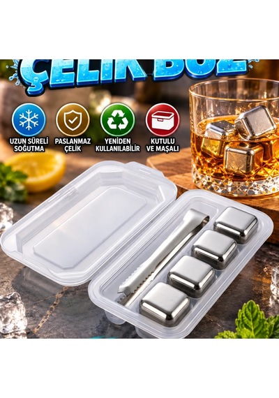 Yeniden Kullanılabilir Paslanmaz Çelik Buz Taşı 4'lü Set Maşalı Saklama Kutulu İçecek Soğutucu Küple Renkli