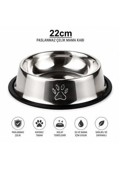 Patikadan Paslanmaz Çelik Metal Mama Ve Su Kabı 22 Cm