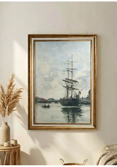 Yelkenli Gemi Tablosu Vintage Gold Çerçeveli 60x80 Cm