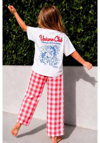 Monila Kız Çocuk Pamuklu Baskılı T-shirt Ve Kırmızı Kareli Dantel Detaylı Pantolon Alt Üst Takım Ekru Monila Kız Çocuk Pamuklu Baskılı T-shirt Ve Kırmızı Kareli Dantel Detaylı Pantolon Alt Üst Takım Ekru