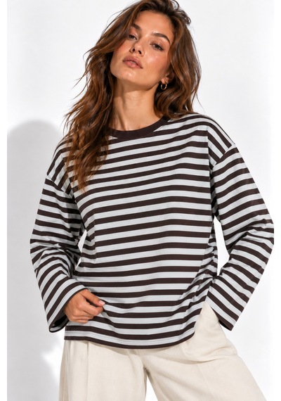 Wild Bee Kadın Açık Mavi Kahverengi Çizgili Pamuklu Bisiklet Yaka Oversize Bluz