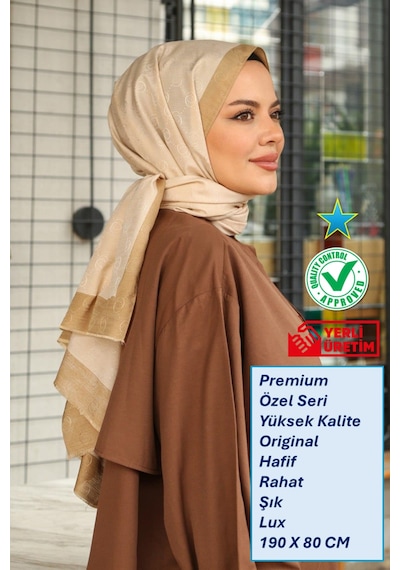 Premium Lux Original Monogram Şal İpek Vual, Yüksek Kalite, Hafif, Rahat, Şık, Tesettür, Shawl Gold