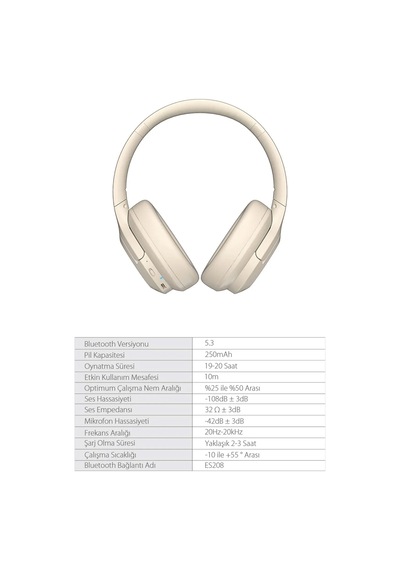 Exenar - Bej - Lecoo Es208 Kablosuz Kulak Üstü Kulaklık Bluetooth 5.3 Katlanabilir Mikrofonlu 20 Saat Şarjlı Hafif