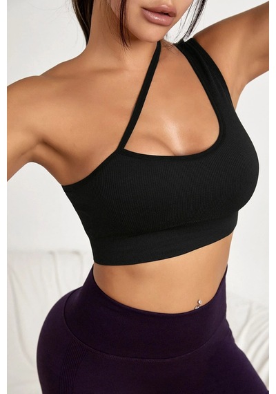 Moda Dua Kadın Siyah Tek Omuzlu Çapraz Askılı Crop Top Büstiyer