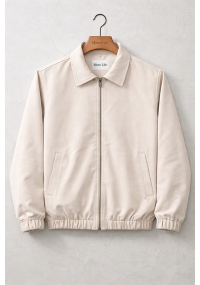 Mero Life Erkek Basic Old Money Fermuarlı Oversize Mevsimlik Polo Yaka Gabardin Kumaş Krem Ceket