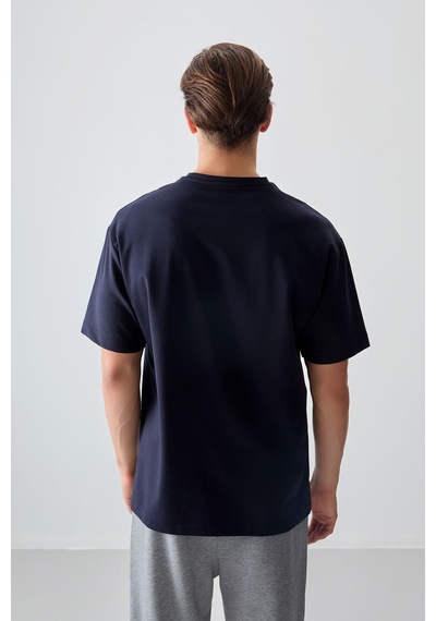 Air Jones Tommy Life Lacivert Pamuklu Kalın Yumuşak Dokulu Oversize Fit Basic Erkek T-shirt - 88377 Lacivert