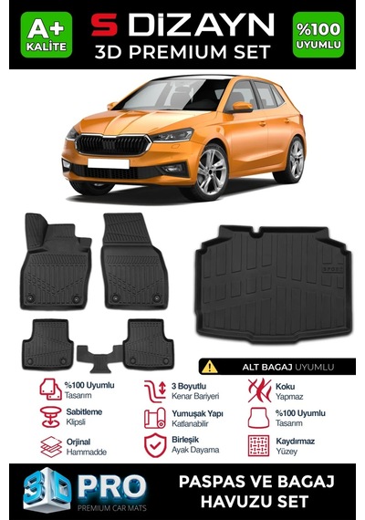S-dizayn Skoda Fabia 4 3d Pro Havuzlu Paspas Ve Alt Bagaj Havuzu Seti 2'li Set 2021 Üzeri A+ Kalit