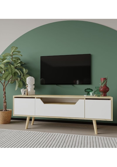 Roma Ahşap Ayaklı Tv Ünitesi Tv Sehpası Safir Meşe-beyaz 150 Cm