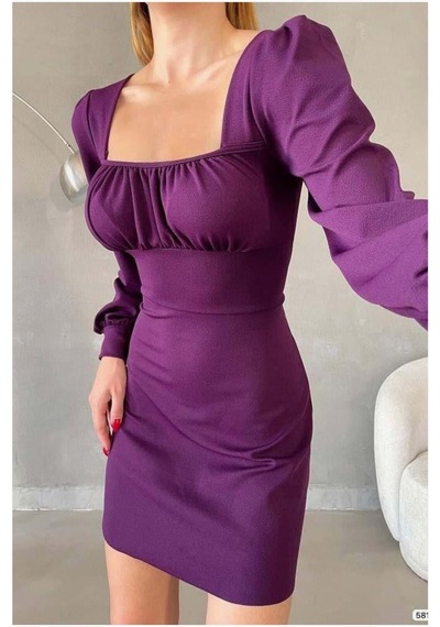 DefyModa Kadın Minimal Krep Kumaş Kare Yaka Uzun Kollu Elbise Mor