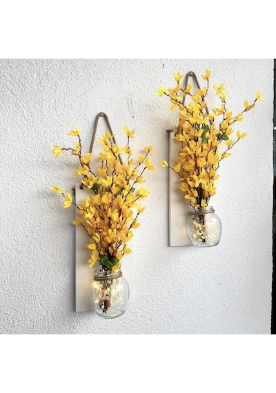 Led Işıklı, Sarı Sakura Çiçekli Duvar Dekoru Beyaz İkili Set Beyaz