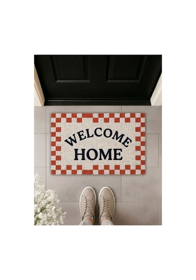 Welcome Home Ekoseli Retro Tasarım Dekoratif Kapı Önü Paspası 40x60 Cm Çok Renkli