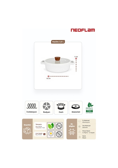 Neoflam Fika Seramik Kaplama İndüksiyonlu Cam Kapaklı Sahan 18 Cm - Beyaz