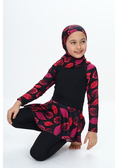My Kids Wear Üç Parça Kız Çocuk Haşema, Tesettür, Etekli, Kapalı Mayo Mint Yeşili - Pembe