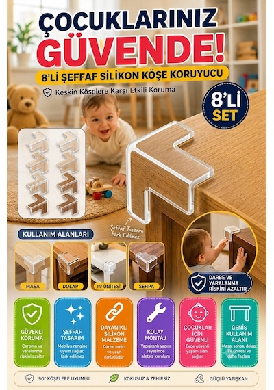 8'li Şeffaf Silikon Masa Köşe Koruyucu Darbe Önleyici Çocuk Güvenlik Koruması Şeffaf Seti