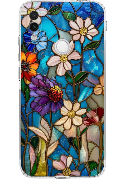 Printify Redmi Note 7 İle Uyumlu Vitray Mavi Bahar Tasarımlı Şeffaf Silikon Kılıf Şeffaf