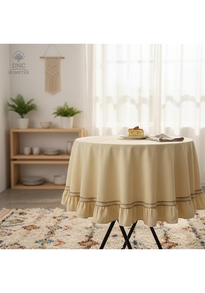 Dnc Home Tekstil Premium Keten Sarı Yuvarlak Fırfırlı Özel Seri Masa Örtüsü Sarı