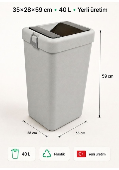 Gri Bas Çek Mutfak Çöp Kovası 40 L - Endüstriyel Modern Büyük Boy Pratik Çöp Kutusu