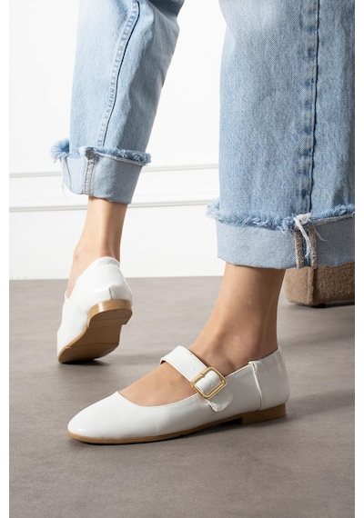 Shoetek Hanna Kadın Babet Bantlı Tokalı Beyaz Deri Beyaz Cilt