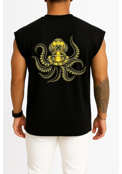 Bahriyeli Collection Oversize Steampunk Octopus Dalgıç Başlığı Göğüs Ve Sırt Baskılı Atlet Siyah