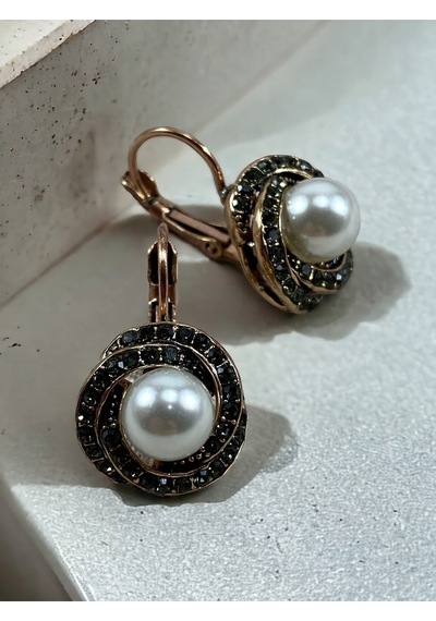 Black Diamond İ Taşlı Inci Sallantılı Küpe Gri